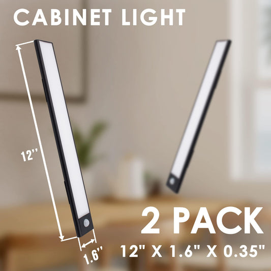 AMIFF LED Motion Sensor Cabinet Light 12 x 1.6 x 0.35 Pack of 2 Black