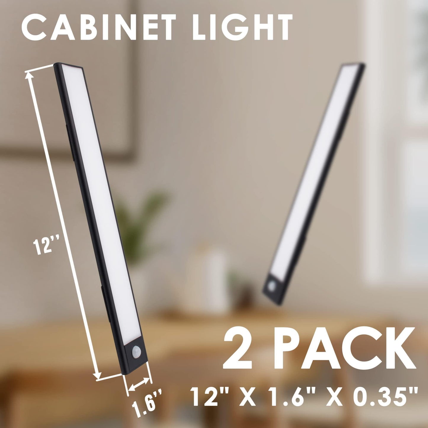 AMIFF LED Motion Sensor Cabinet Light 12 x 1.6 x 0.35 Pack of 2 Black