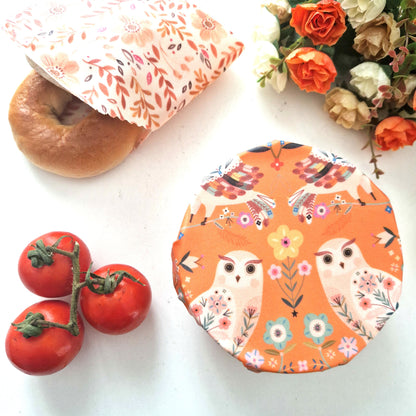 Set of 3 L, M, S Beeswax Food Wraps | Owls
