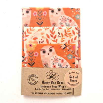 Set of 3 L, M, S Beeswax Food Wraps | Owls